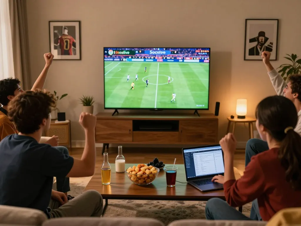 Socolive trực tiếp bóng đá brings friends together, celebrating during a live soccer game in a cozy living room.
