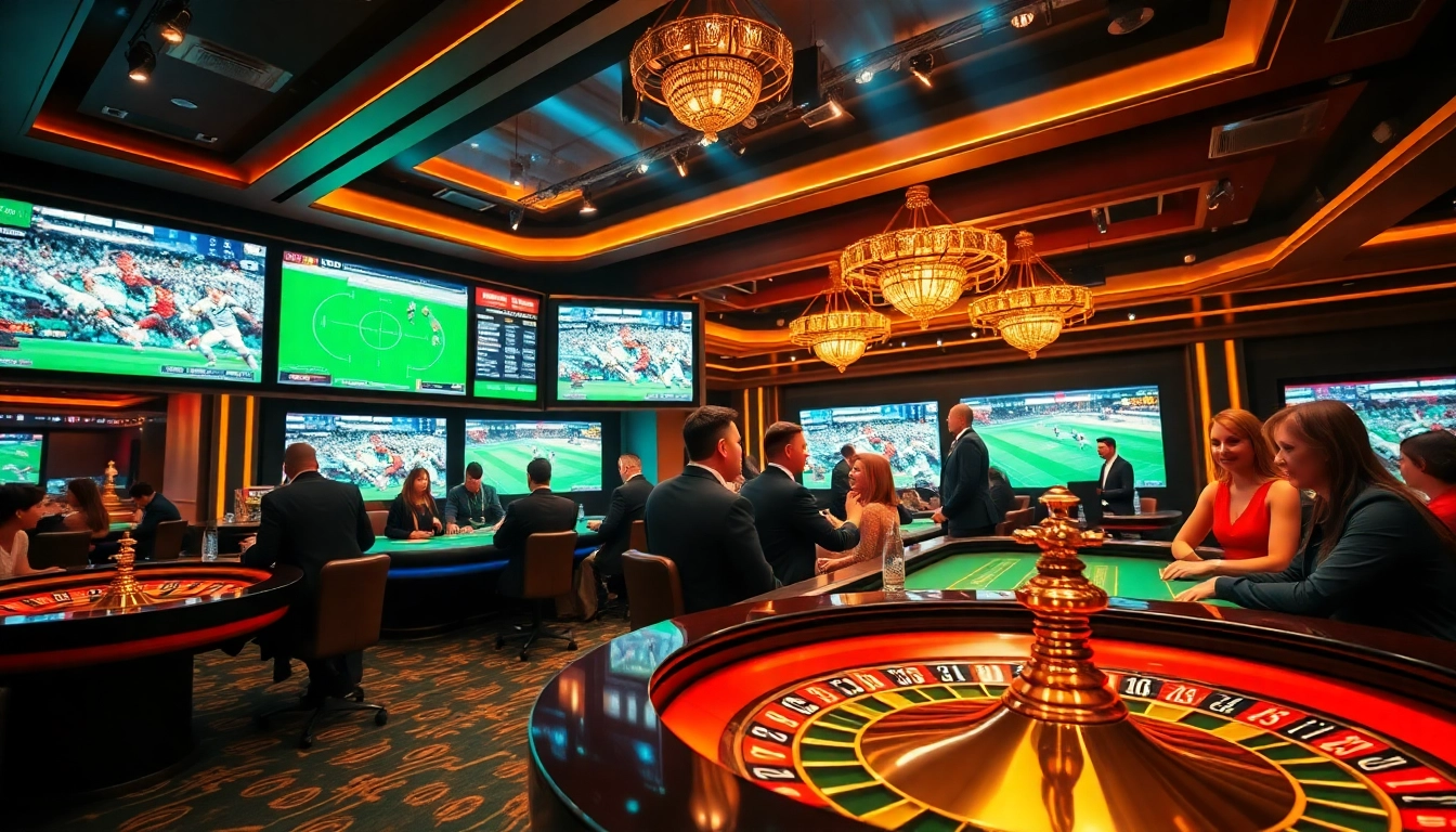 Live broadcast of tructiepbongda with enthusiastic gamblers at a vibrant casino.