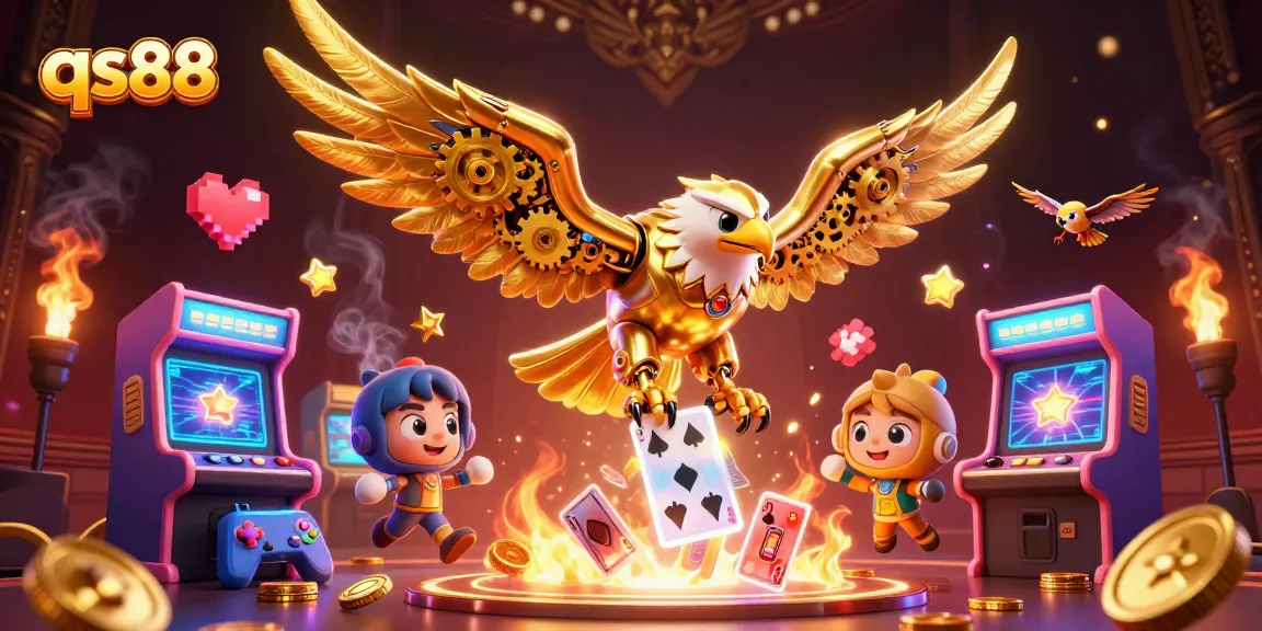 Experience thrills with qs88 as a cybernetic eagle dives through holographic casino cards.