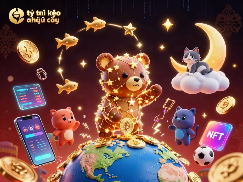 Engage with tỷ lệ kèo nhà cái in an animated scene featuring a constellation bear, gold coins, and sports elements.