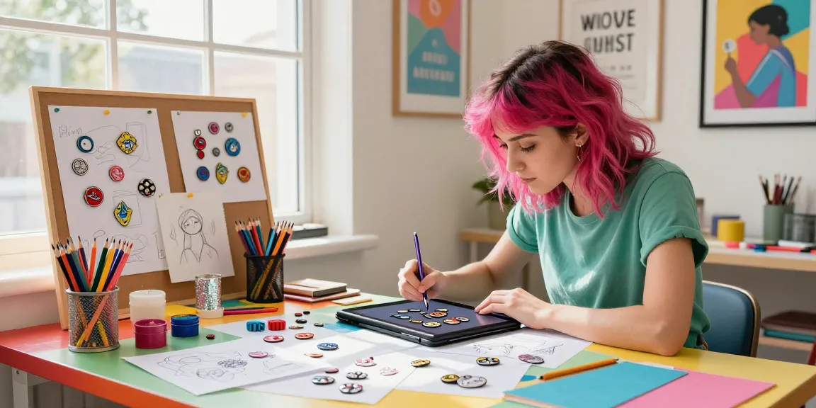 Artist designing custom pins with sketches and prototypes in a vibrant workspace.