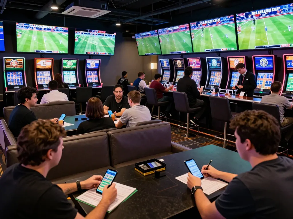 NET88 sports fans engaging with live betting screens while enjoying games at a modern lounge.