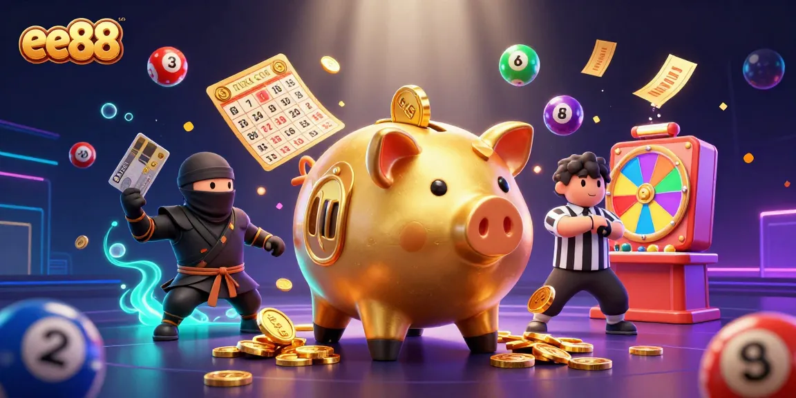 The energetic scene showcases the ee88 brand with a golden piggy bank sumo wrestler surrounded by colorful lottery elements and confetti-like golden tickets.
