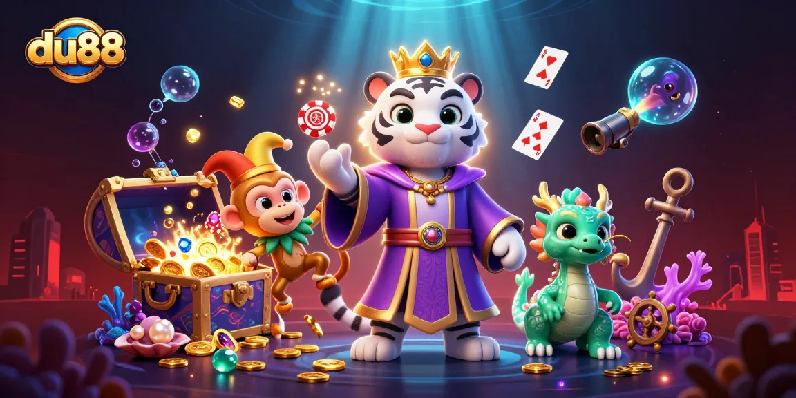 Engage with du88's vibrant casino world featuring playful characters amid a treasure scene.