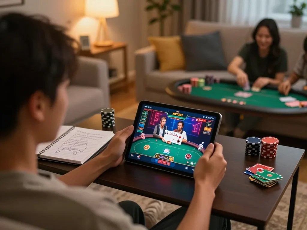 Player engaging in online poker strategy with hm88 tablet interface during a cozy evening