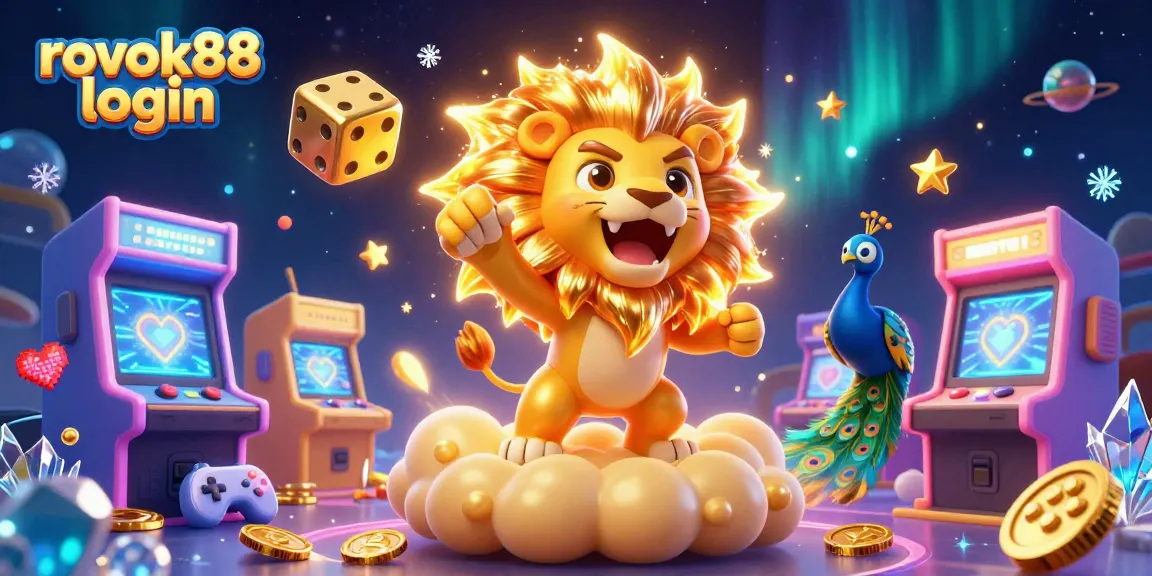 Experience thrills with rokok88 login, featuring a winning lion, golden dice, and arcade excitement.