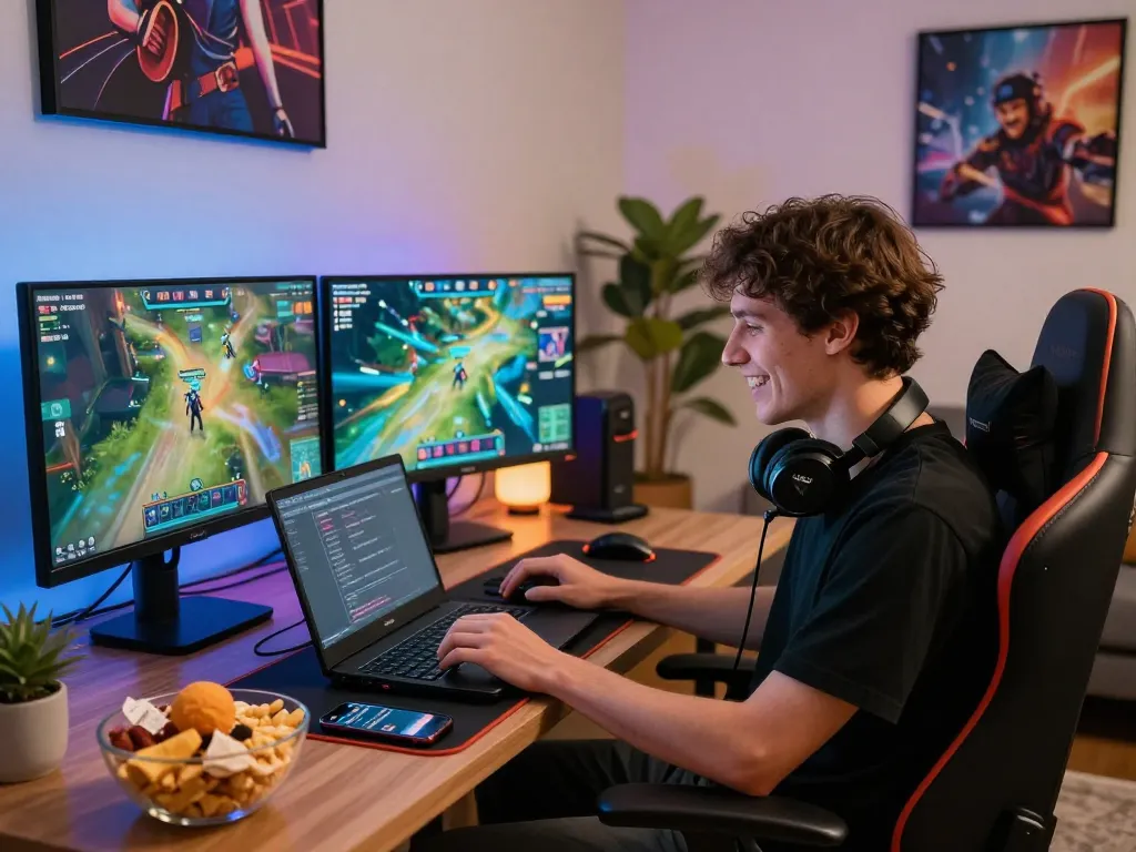 Enjoying an exciting gaming session on https://rikviprent.com with vibrant visuals and a cozy atmosphere.