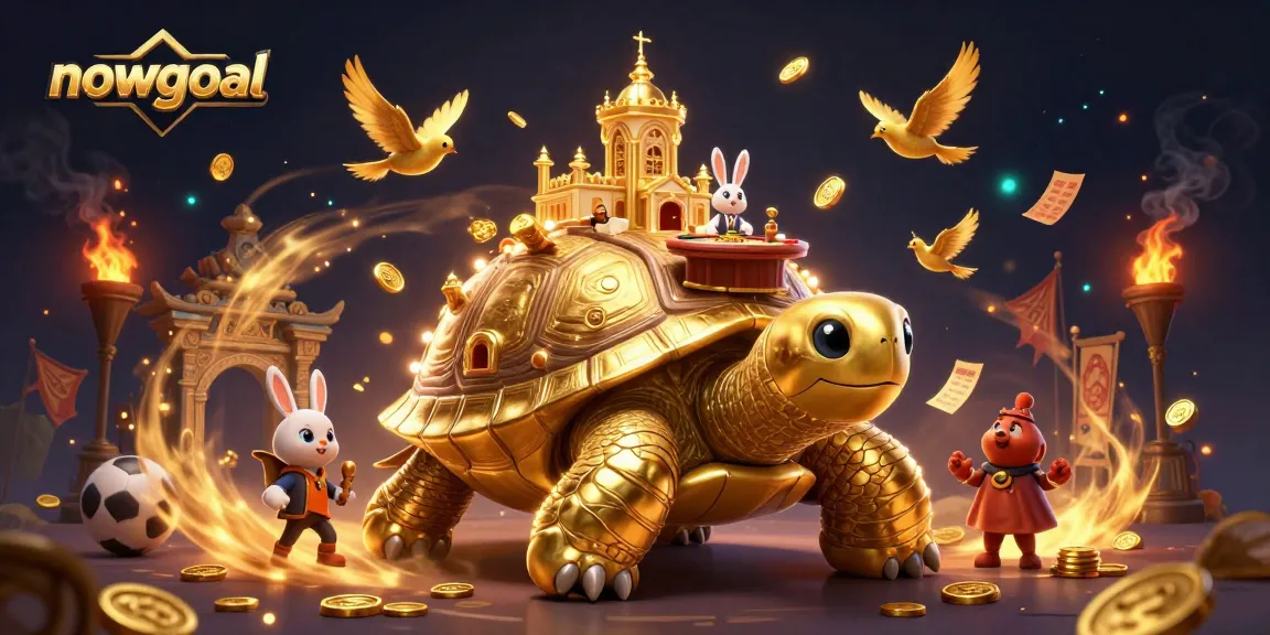 Bet on nowgoal with vibrant 3D illustration of a golden tortoise casino, trophy, and betting slips.