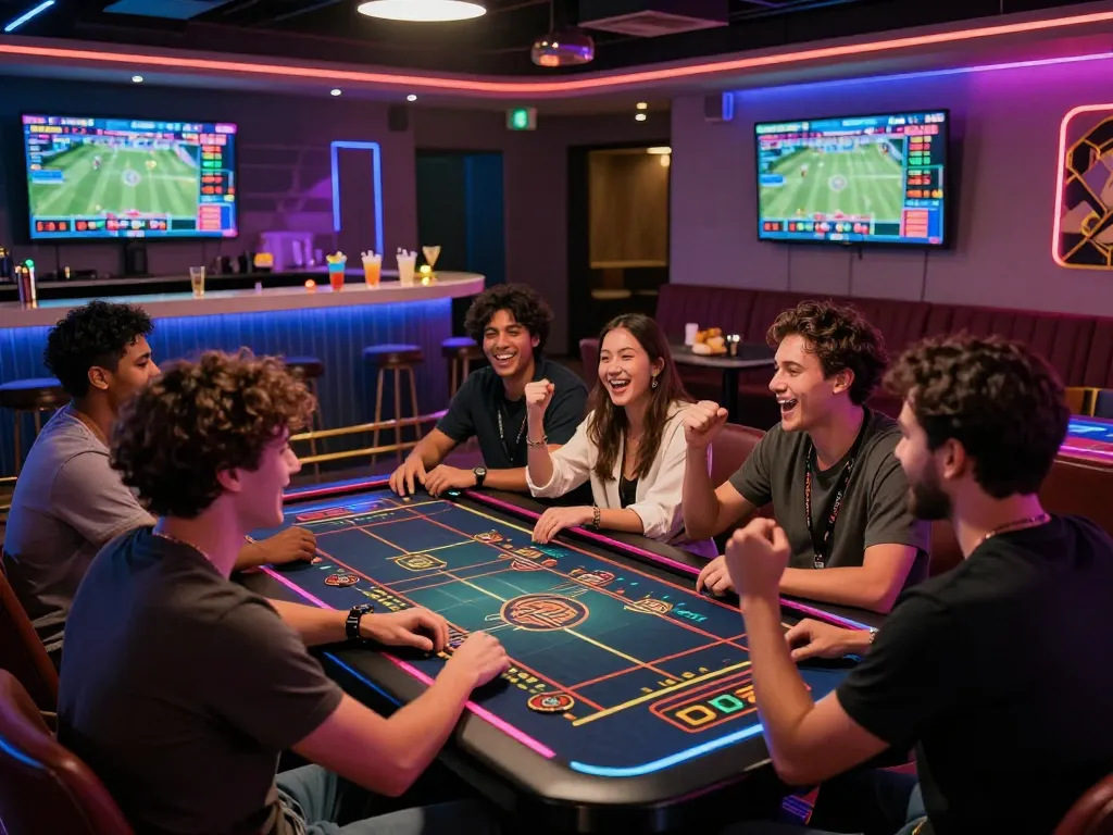 Exciting scene of diverse friends enjoying online betting at a nhà cái uy tín gaming lounge with vibrant atmosphere.