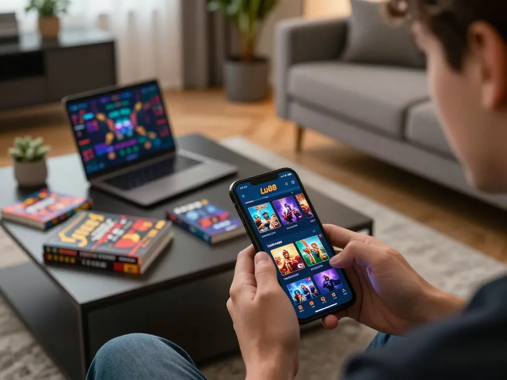 Engaging with the Lu88 app in a stylish home gaming setup, highlighting mobile casino activities.