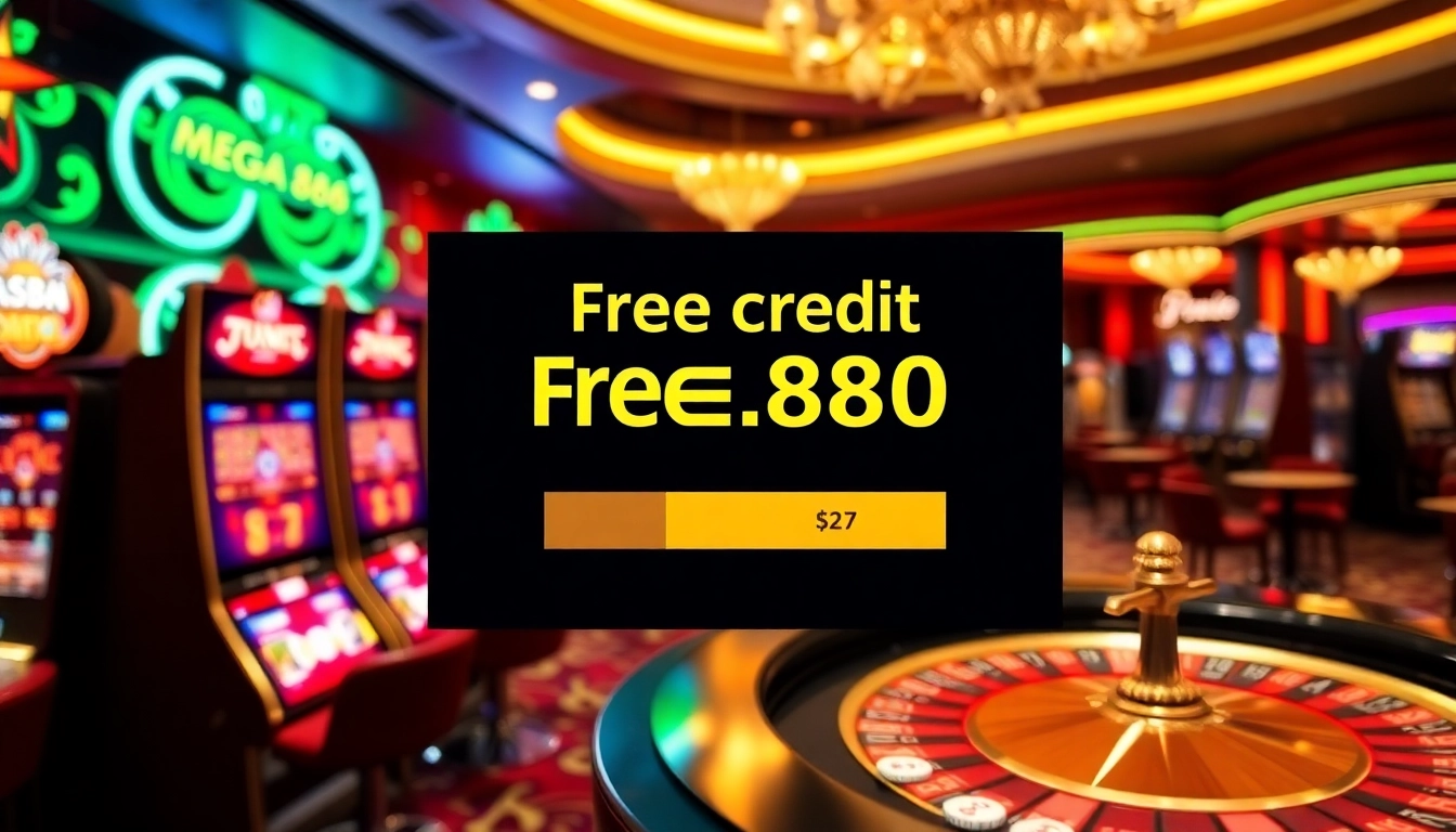 Player enjoying free credit mega888 in a luxurious casino setting with vibrant slot machines.