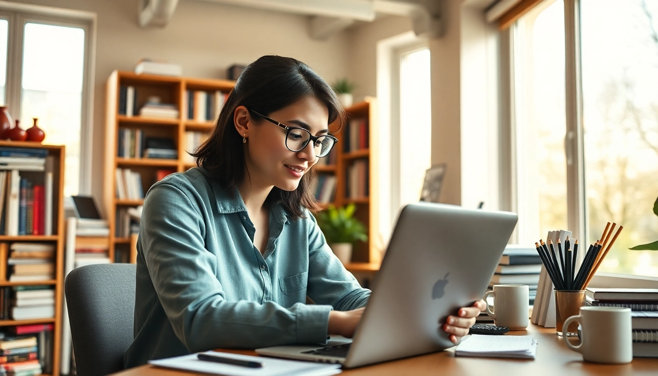 Usando un MacBook para estudiantes en un ambiente de estudio acogedor y moderno.