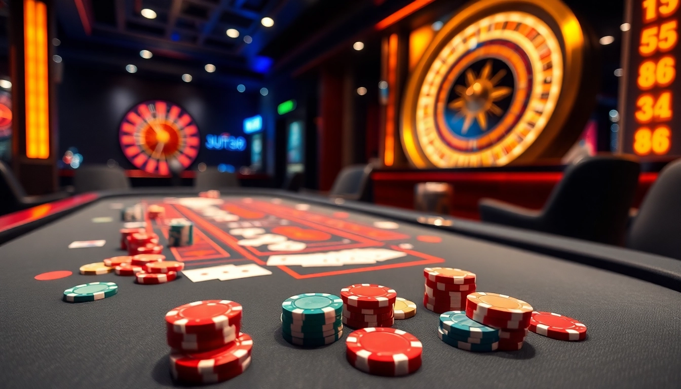 Experience high-stakes gambling at jun 88 with vibrant poker chips and an elegant roulette wheel.