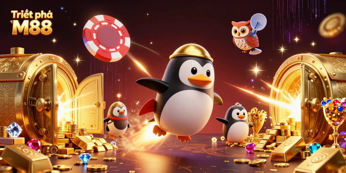 Triệt phá M88 highlights a golden penguin navigating through a casino-themed galaxy filled with treasures.