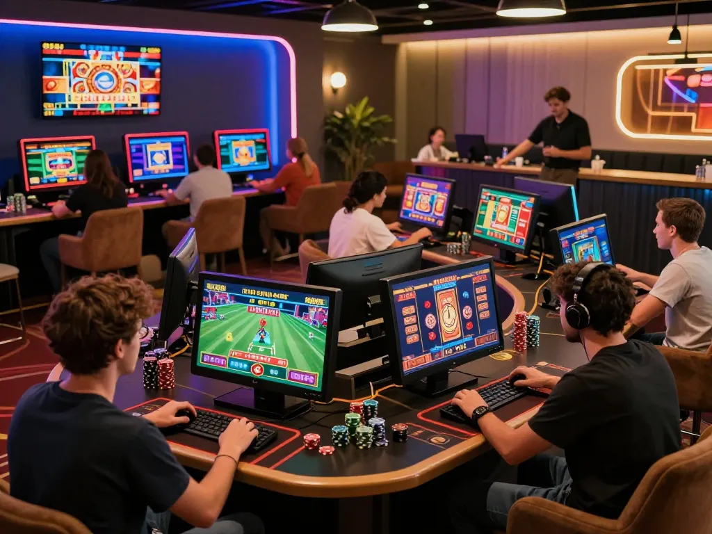 Engaging online gambling environment featuring mm oo games, diverse players, and modern digital decor creating an exciting atmosphere.