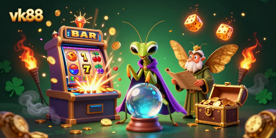Spin the reels at vk88 with a vibrant fortune teller and librarian amid dazzling casino treasures.